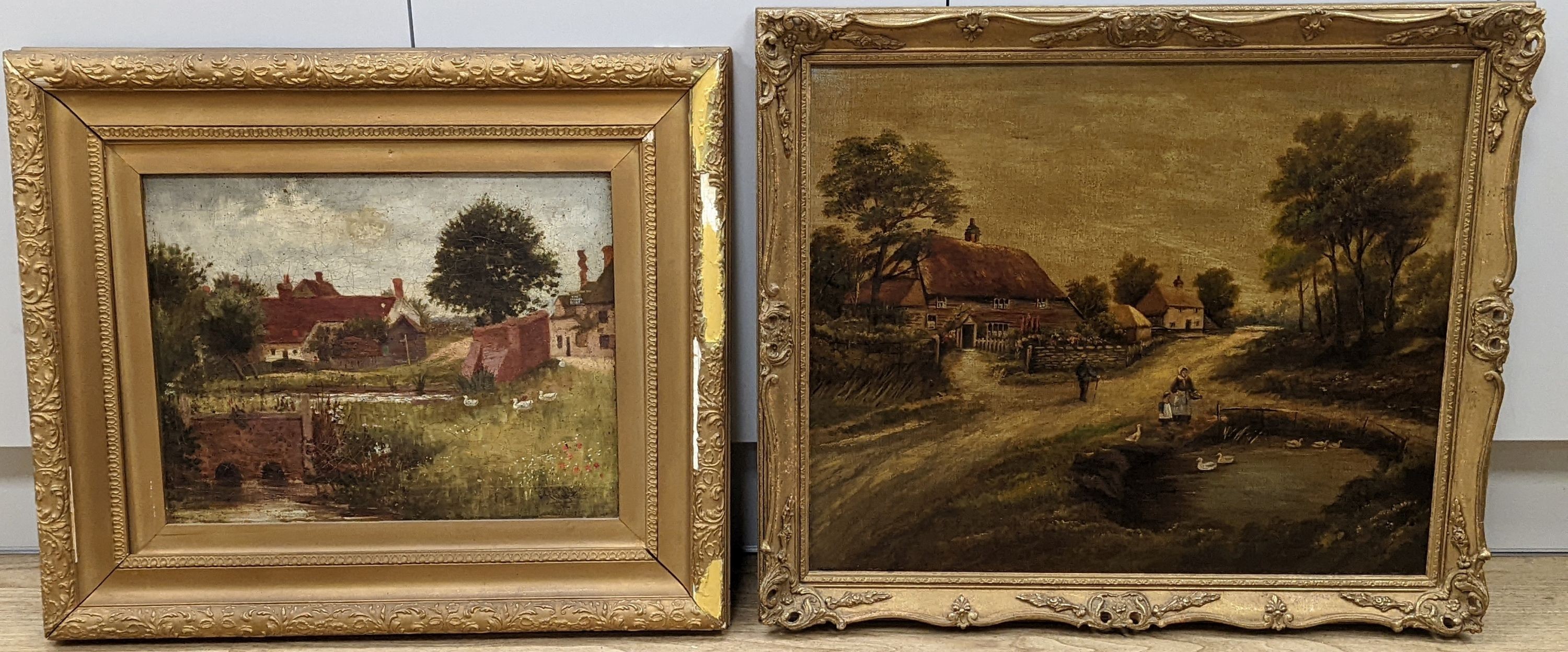 Early 20th century English School, two oils on canvas, Village scenes with duck ponds, largest 50 x 60cm